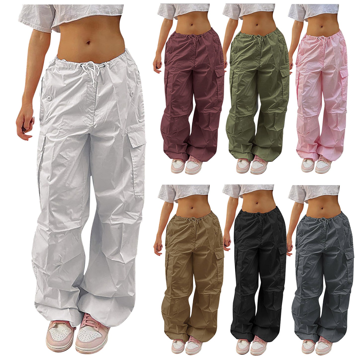 Casual Cargo Pants For Women Solid Color Drawstring Pocket Design Fashion Street Trousers Girls